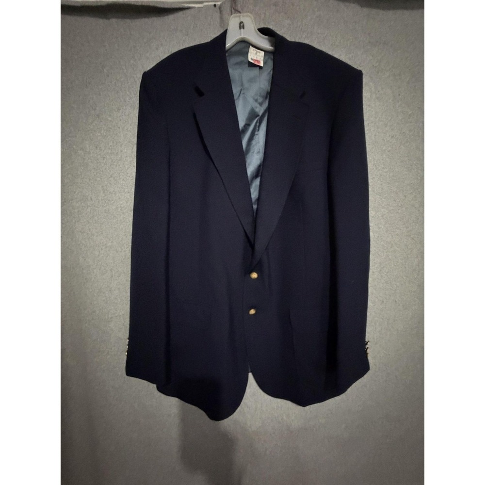 Stafford Blazer Sport Coat Mens 44R Navy Blue‎ Poly Wool Gold Button USA Jacket